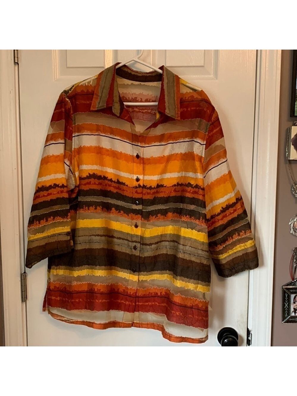 3/4 length sleeve horizontal stripe blouse orange yellow